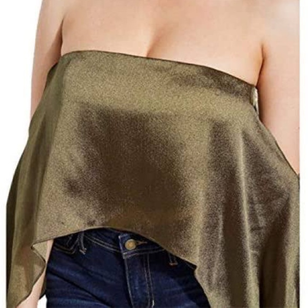 GUESS - Women Satin Crop Top Olive Off Shoulder Asymmetrical